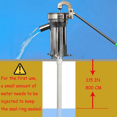 Stainless Steel Manual Well Pump For Deep Wells With Easy Hand Crank and Water Flowing Showing Installation Depth
