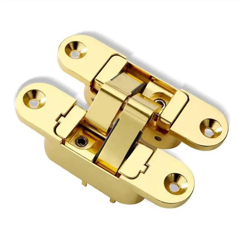 Gold hidden hinge for wood doors, part of the 2Pcs Three Dimensional Invisible Door Hinges For Wooden Doors Black Hidden Hinges 180 Degree Swing Inside And Outside Left Hand For Folding Doors Durable Low Profile Hardware Modern Hidden Mount set.