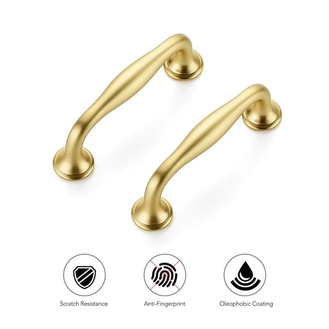 Two Brushed Brass 3 Inch Cabinet Handles Set Of 10 In Solid Zinc Alloy For Kitchen Cabinets with symbols for durability features