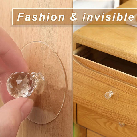Installing Crystal Diamond Drawer Knobs Self Adhesive Clear Acrylic Pull Handles for furniture, close-up on wooden dresser
