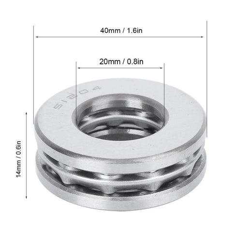 Axial ball thrust bearing; metal, front view showing rollers, outer diameter 40mm, bore 20mm, 14mm tall.
