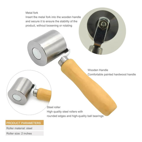 Metal seam roller with wooden handle; steel roller, 2-inch size, for Eternabond RV roof tape installation.