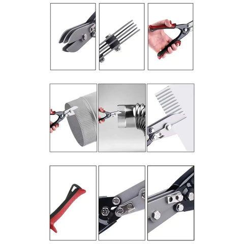 Five Metal Sheet Crimping Tool Made From High Carbon Steel With Ergonomic Nonslip Handle demonstrates use on gutter fittings.