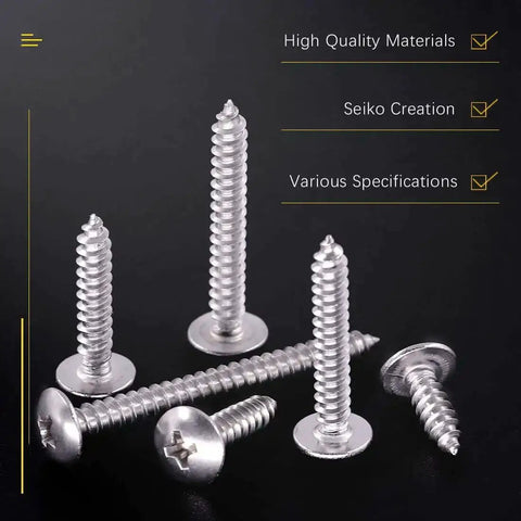 Number 8 304 Stainless Steel Phillips Truss Head Self Tapping Screws displayed on a black background, highlighting corrosion resistance.