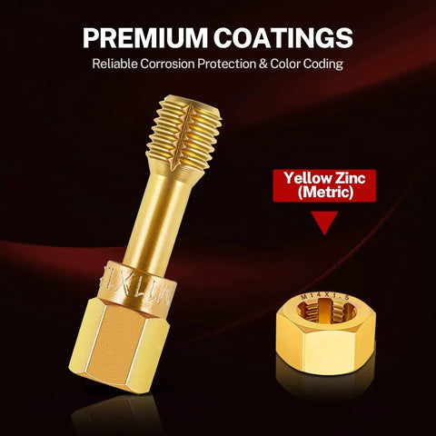 Close-up of yellow zinc Metric Thread Chaser Set M6 M8 M10 M12 With Thread Restorer Tool Kit showing coating details.