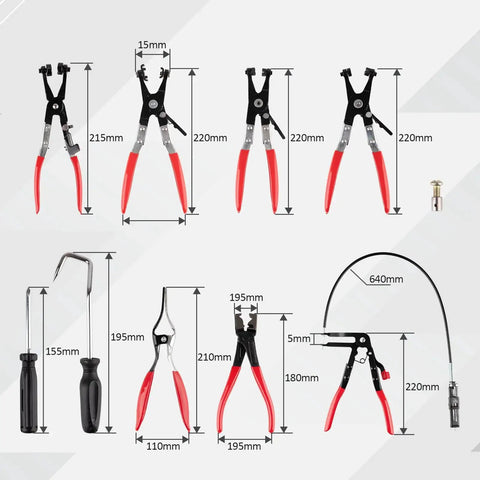 Image showing the Nine Piece Hose Clamp Pliers Set For Automotive Clamp Removal And Replacement with tool measurements.