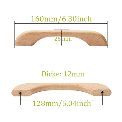 Diagram of beech wood drawer handles showing dimensions, part of 4 Pcs Beech Wood Drawer Handles Flat Cabinet Pulls 128mm Center to Center Hole Distance.