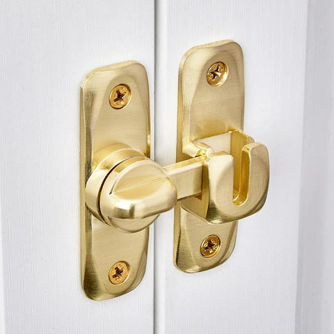 Dual 90 180 Degree Barn Door Latch Lock In Zinc Alloy, installed on white door, showing space saving, right angle gate lock design.