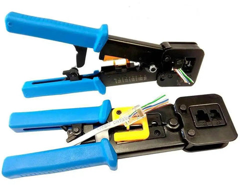 Pro Grade RJ45 Crimp Tool Pass Through Kit With 5 Replacement 8 Pin Blades For Cat5 Cat5e Cat6 Ethernet Cables shown with blue handles