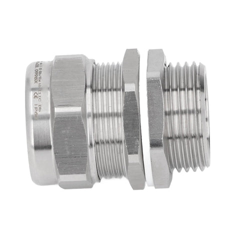 Side view of Stainless Steel Cable Gland Connector IP66 Waterproof Explosion Proof Dual Sealing G1 M32 NPT 1 Inch.