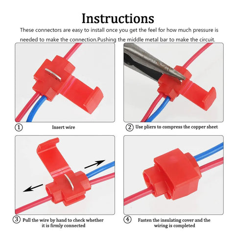Red insulated solderless quick-splice wire connectors kit, 125 pcs for 22-10 AWG, four-step installation diagram.
