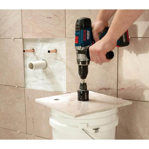Diamond Hole Saw for Porcelain and Granite With Vacuum Brazed Diamond Grit, 1/2 Inch Shank in use on tile with drill