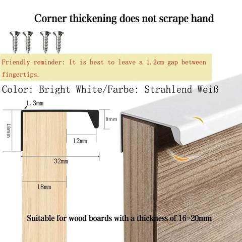 Diagram showing installation of Six Pack Finger Edge Drawer Pull Handles In Bright White For Cabinets, 16 to 20 mm wood thickness.