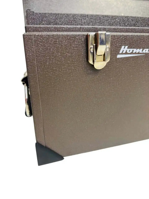 Close-up of 32-Inch Industrial Steel Toolbox With Brown Wrinkle Powder Coat, Padlockable Security, Steel Tool Tray Included
