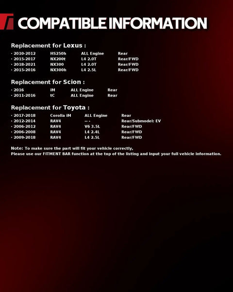 Compatibility chart for 512372 Rear Wheel Bearing Hub Assembly Exact Replacement detailing Lexus, Scion, and Toyota fitment years.
