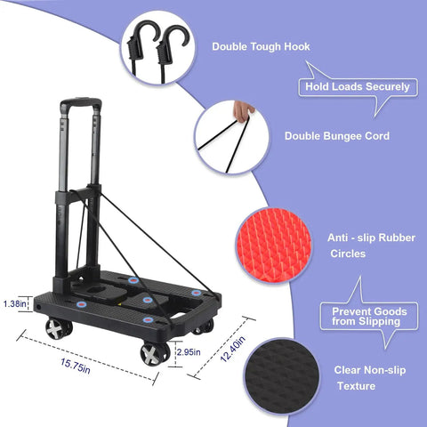 Go To Lightweight Folding Hand Truck With Four Rotating Wheels And 110 Lb Capacity showcasing hooks, cords, rubber texture