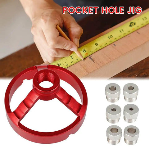 Straight Hole Drill Guide Jig For Drill Press, red aluminum alloy, with drill bushings and person measuring wood