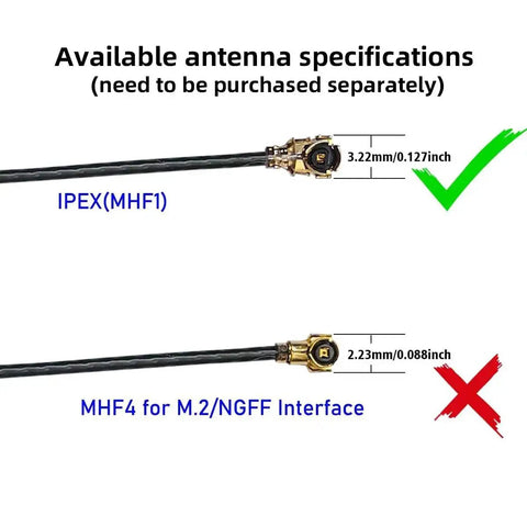 Image showing antenna specifications for IPEX(MHF1) and MHF4 interfaces with dimensions, Beefy 2.1 Channel Bluetooth Amplifier Board related.