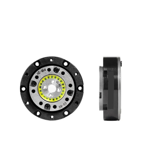 Front and side view of Beefy Torque Strain Wave Gears Harmonic Drive Reducer for Nema 11 Servo Motors with 80 Ratio Horizontal Mounting
