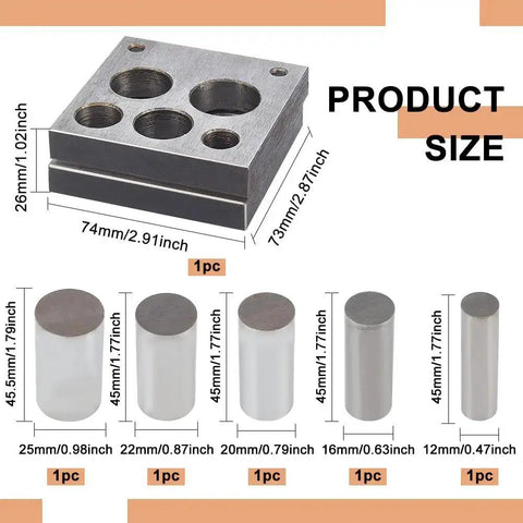 Five Piece Disc Cutter Set With Five Round Punch Sizes One Half Inch, Five Eighths Inch, Three Quarters Inch, Seven Eighths Inch, And One Inch For Jewelry Making And Metal Forming, Durable High Quality Steel Construction, DIY Ready For Charms And Beads shown with product size dimensions