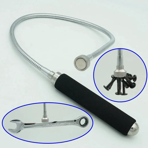 Flexible Magnetic Pickup Tool Set With 5 Lb And 10 Lb Magnetic Strength 26 Inch Bendable Extension shown picking up screws and wrench.