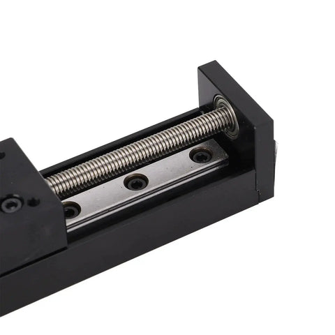 Close-up of Ultra Smooth Mini Linear Slide Stage Actuator with NEMA 11 Stepper Motor, showing lead screw and rail for precise motion control.