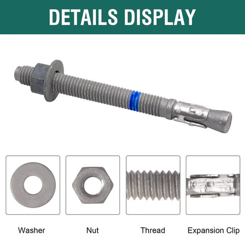 Concrete Wedge Anchors One Half Inch By Five And One Half Inch Heavy Duty Ten Pack Hot Dip Galvanized Carbon Steel Cement Anchor Bolts details