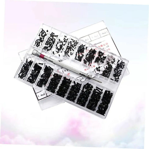 Miniature Countersunk Screw Set With Transparent Storage Case and screwdriver, lightweight small screws for glasses, watches, DIY projects.