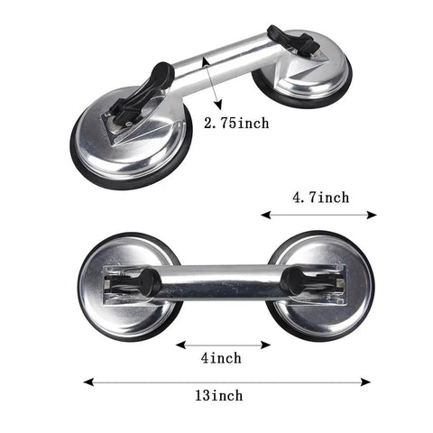 Two Pack Beefy Glass Suction Cups Vacuum Lifter With Aluminum Body And Rubber Base, dimensions shown, double gripper plate