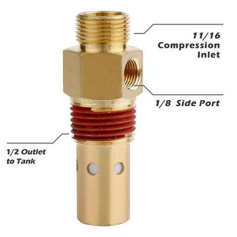 Brass air compressor check valve with 1/2 in tank outlet, 1/8 in side port, compression inlet