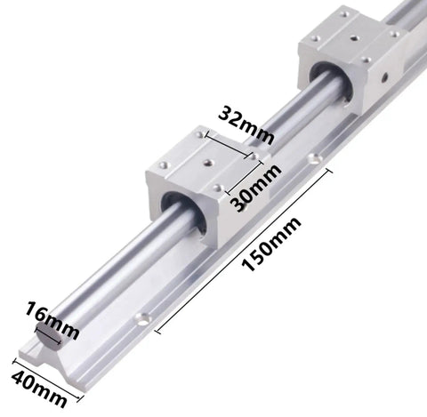 Heavy Duty SBR16 1200mm Linear Rail Kit With Two Rails And Four SBR16UU Bearing Blocks, side view showing 16mm guide and measurements