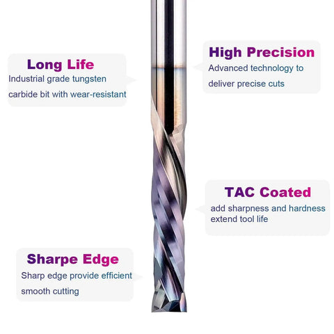 Up And Down Compression Router Bit With One Quarter Inch Shank, One And A Quarter Inch Cutting Length, Three Inch Overall Length, Carbide Spiral End Mill For Wood Carving, TAC Coating Extends Life And Delivers Smooth Sharp Cuts