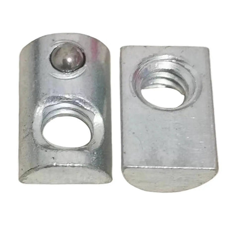 1/4-20 Steel T-Nut With Ball Spring For Aluminum Extrusion Rails, Fits 1010 Series And 1.0 Inch Base Profiles, zinc finish, close-up view