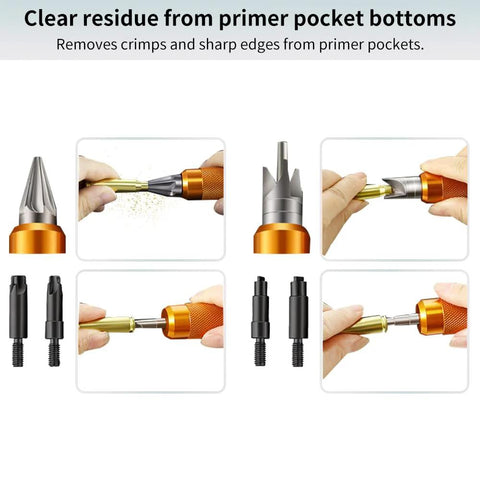 All In One Case Prep Multi Tool For Reloading Brass From.17 To.45 Caliber Featuring Reamer Chamfer Deburring Tools And Case Trimmer In Orange Color