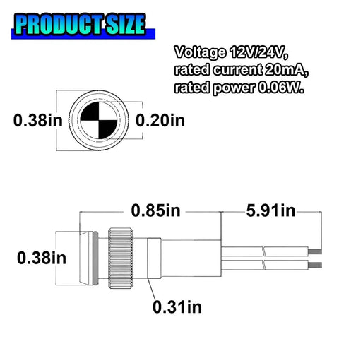 Technical diagram of 12V/24V Waterproof LED Indicator Light With 8mm Mount Metal Shell Panel Dash Light for dimensions