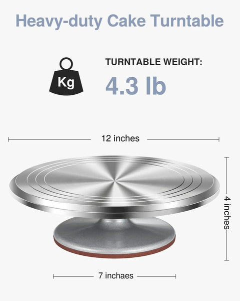 12 Inch Aluminum Alloy Rotating Cake Turntable With Non Slip Silicone Bottom Pro Grade Heavy Duty Revolving Cake Stand For Decorating Cakes, Pastries, And Cupcakes, Quiet Smooth Spin, Durable Kitchen Accessory For Bakers.