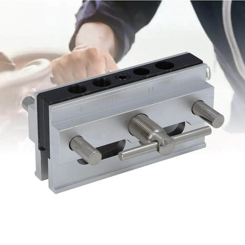 Self Centering Doweling Jig Kit With Adjustable Width Drilling Guide And Six Bushings For Pro Grade, Ultra Precise Wood Joinery in silver finish