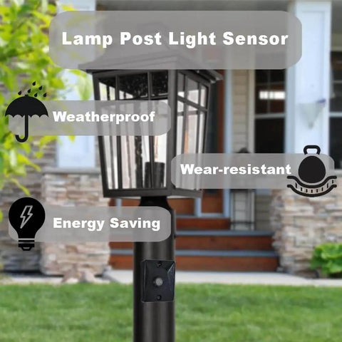 Dusk To Dawn Sensor For Outdoor Lights 120V Photoelectric Switch on lamp post; weatherproof and energy saving features shown; yard background.