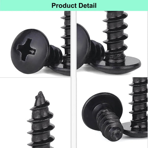 Close-up of 125 Pieces M4 Wood and Metal Screws Set with Black Truss Head Phillips Screws, hardened carbon steel detail