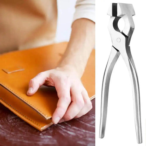 Leather Flat Pliers for Crafting and Strap Crimping next to a hand pressing leather, highlighting adjustable jaw and steel forged build.