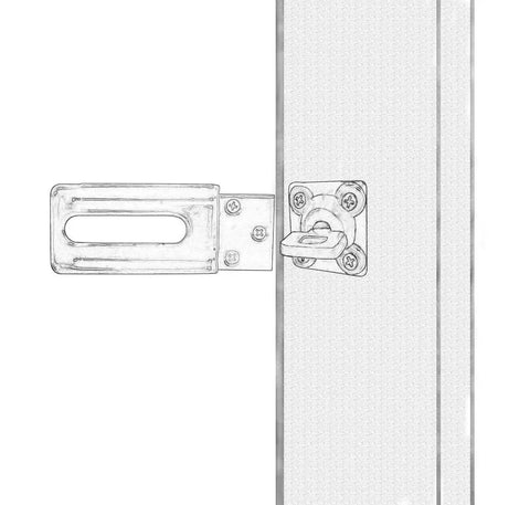90 Degree Hasp And Swivel Staple For Sliding Doors Steel Black 4-1/2 Inch installed on sliding door