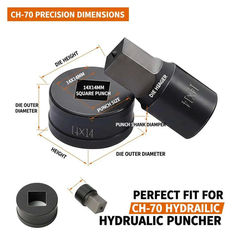 Heavy Duty Square Hole Punch Die For Hydraulic Punching Machines 17x17mm Industrial Grade Alloy Steel Punch Die Set For Metal Fabrication Compatible With CH 70 And Most Manual Electric Punchers displayed with dimensions and fit for CH-70 hydraulic punchers.