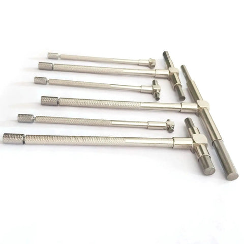 Pro Grade Telescoping Bore Gauge Set With Pouch Six Piece Five Sixteenths To Six Inches Range High Precision T Bore Gauges laid out