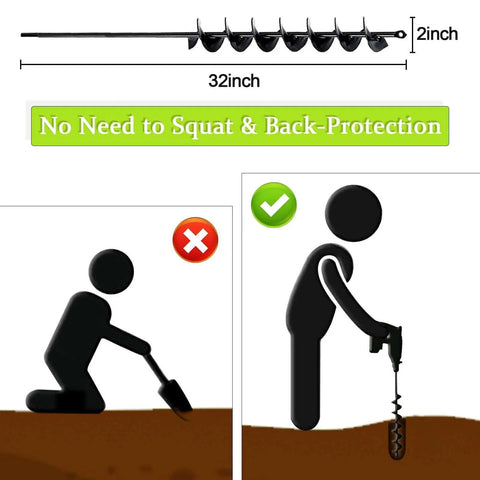 32 Inch Long Handle Garden Auger Drill Bit For Planting Workhorse With Three Eighth Inch Hex Drive Easy Planter shown with long handle for easy use
