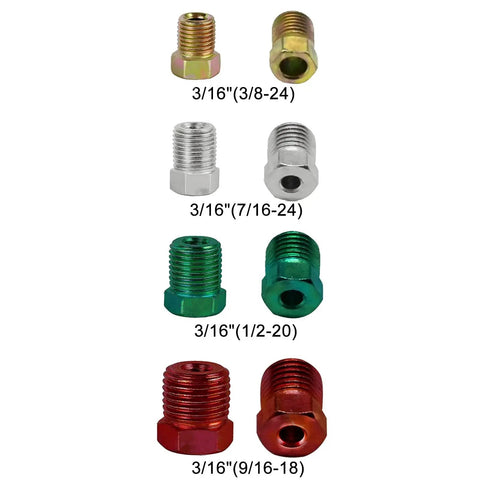 Eight-piece set of 3/16in brake-line fittings in gold, silver, green, and red finishes; includes 3/8-24, 7/16-24, 1/2-20, 9/16-18 threads