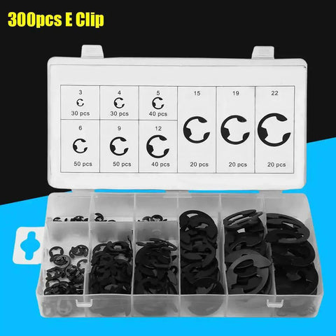 300 Piece Circlip Assortment Set With External 304 Stainless Steel Retaining Clips For Axles And Shafts, organized box view