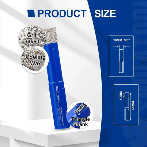 Diamond Core Bits Three Eighths Inch Set 10mm For Porcelain Tile Marble Ceramic Granite And Brick Dry And Wet Drilling With Triangle Shank For Hand Drill And Bench Drill Five Piece Set Pro Grade close-up view showing blue bit with cooling wax and grit 50/60.