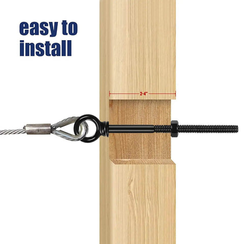 Heavy Duty Black Stainless Steel Eye Bolts With Nuts And Washers Set One Quarter Inch Thread Four Inch Mount Length Five Inch Total Length Shoulder Lifting Ring Five Pack With Drill Bit installed in wooden post.
