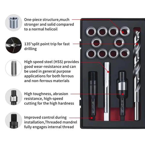 M12x1.25 Thread Repair Kit With Stainless Steel Inserts, Drill, Tap, Counterbore And Driver, 10 Piece Set, visible components