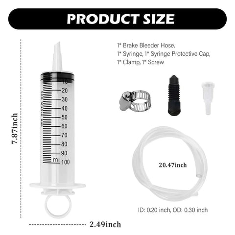 5 Piece Motorcycle Brake Bleeder Kit With Hose, 100ml Syringe, Clamp And Screws showing product dimensions